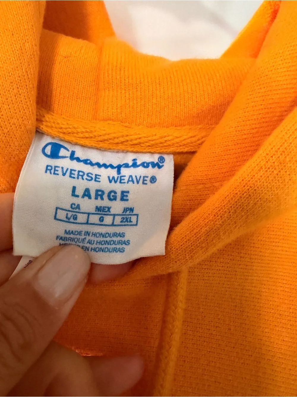 Champion Bright Orange Pullover Hoodie with Sleeve Script excellent condition L